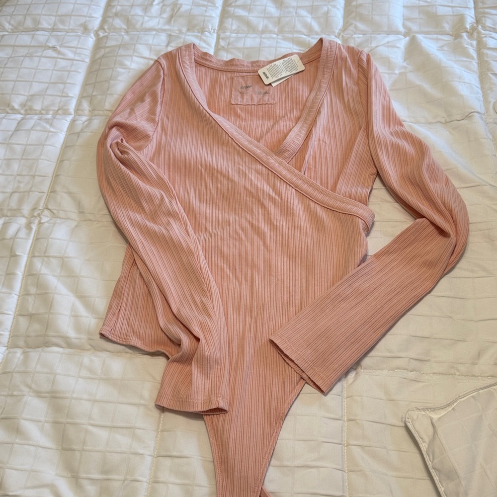 aerie Bodysuit Pink/Peach Wrap Front Long Sleeve Ribbed Large NWT